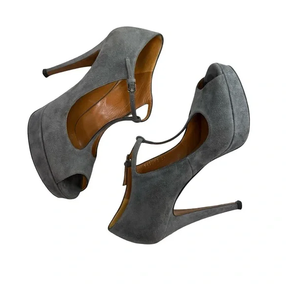 Gucci Betty T Strap Peep Toe Grey Suede Pumps 37 - Picture 4 of 16
